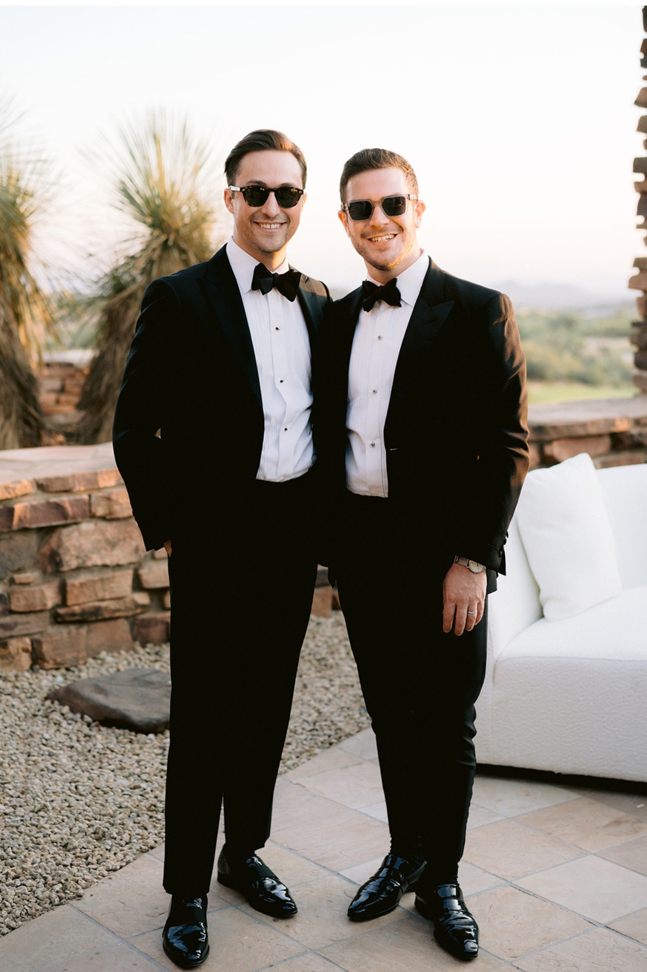 Phil and Zack in tuxedos at a wedding in Arizona